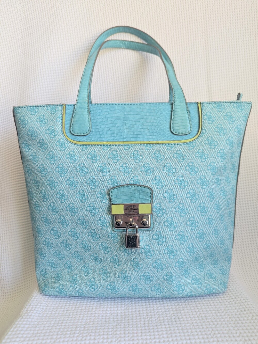 Guess Aqua Logo Tote with Lime Accents
